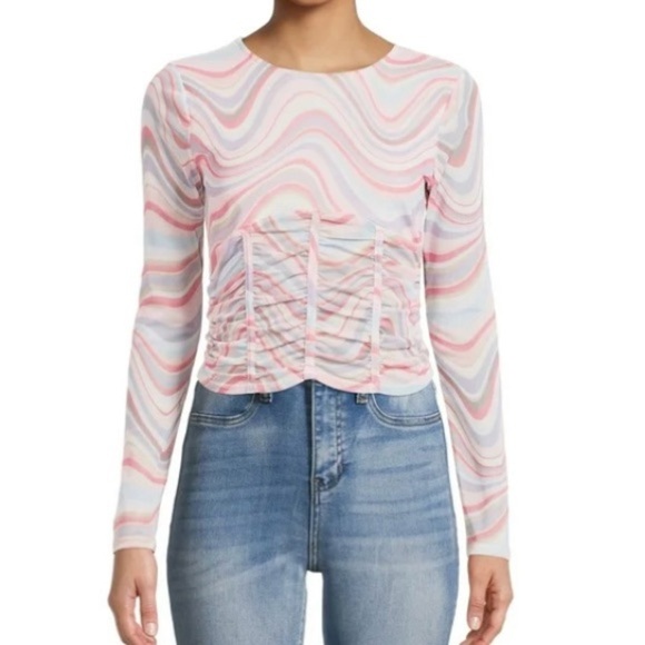 Madden NYC Semi-Sheer Ruched Corset Style Long Sleeve Top, Blushing‎ Bride XL - Picture 2 of 8